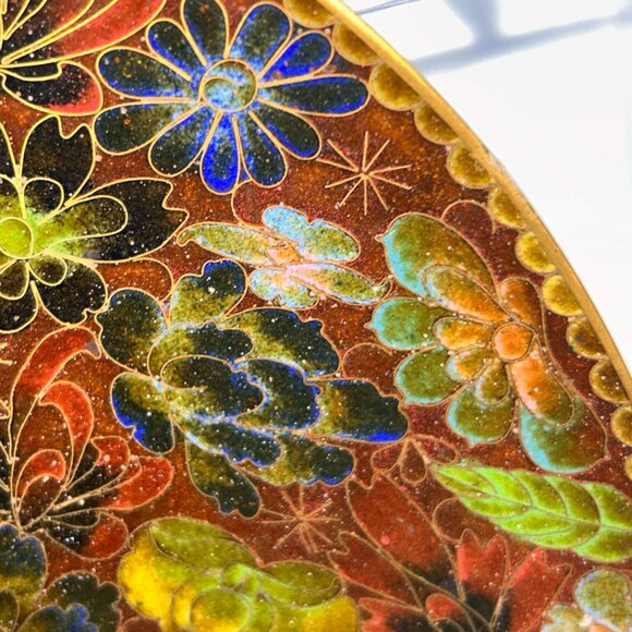 10" Chinese Cloisonne Enamel Brass Plate Holiday Colors Autumn Gold Green Footed - Picture 1 of 10